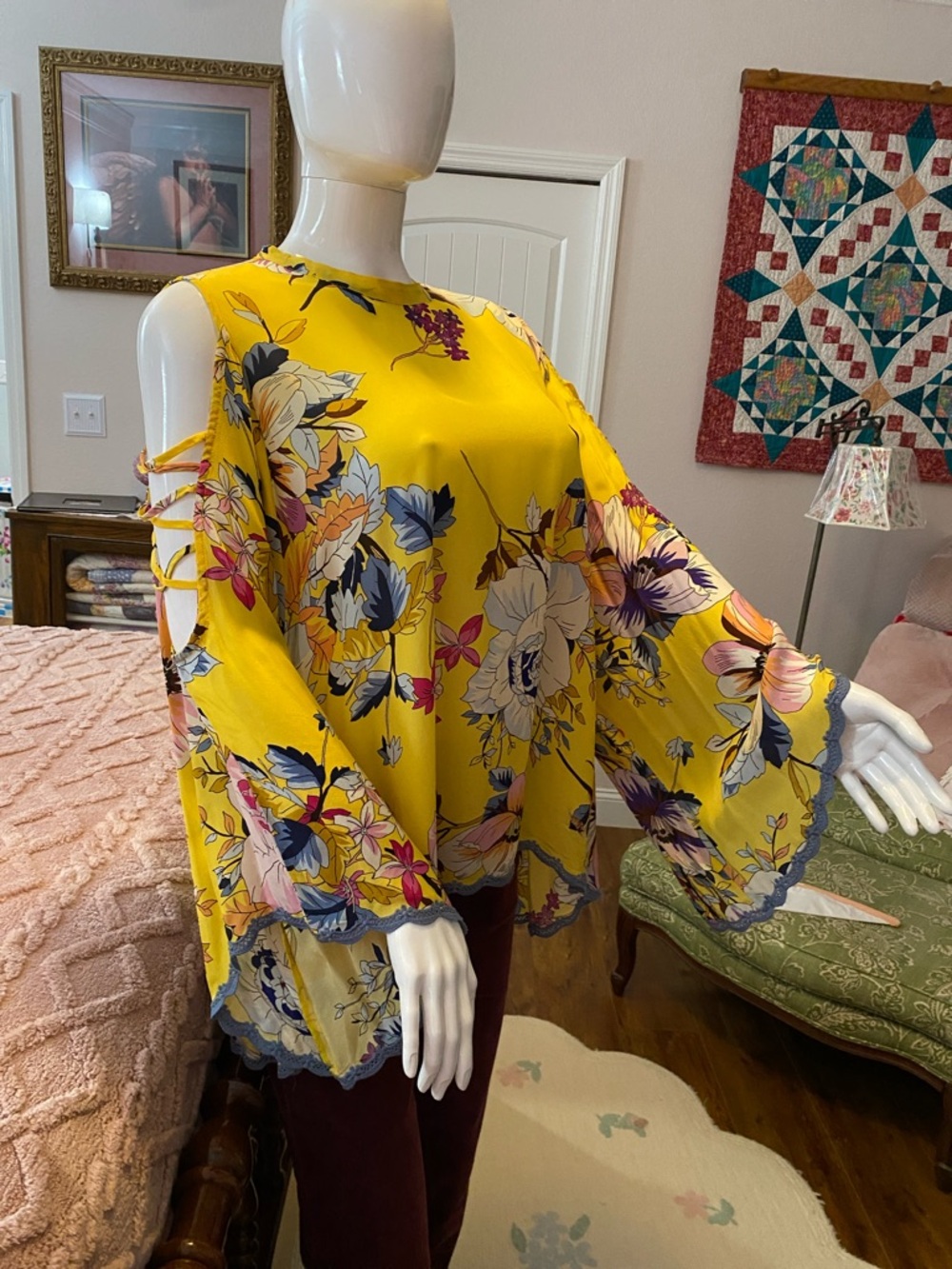 Johnny Was Yellow Floral Cold-Shoulder Bell Sleeve Blouse XL